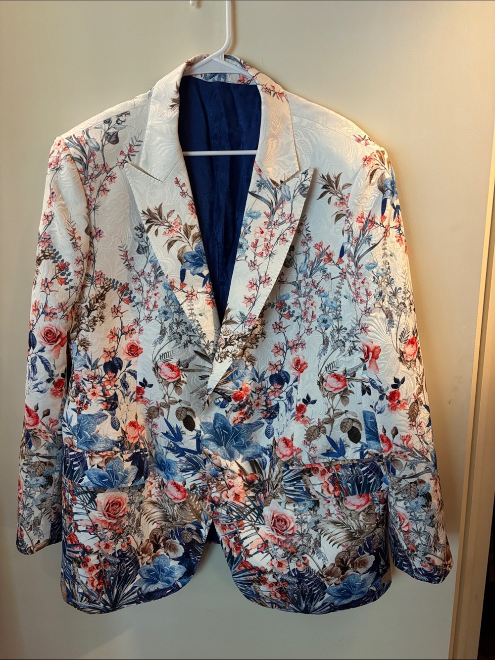 Floral Printed Men's Blazer - White with Blue & Pink Floral